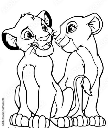 Quadro em tela Two lion cubs sitting together in a black and white outline drawing with a simpl