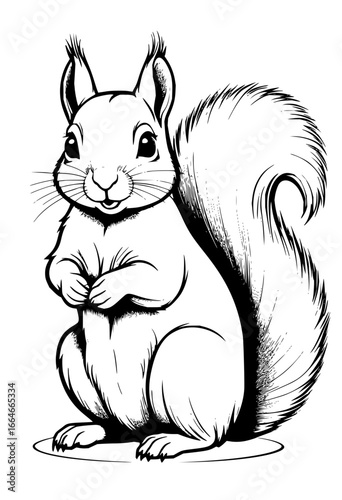 Illustration of a cute squirrel standing on its hind legs with a bushy tail and small paws holding