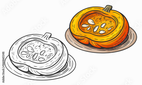 Hand drawn sketch style illustration of bakered pumpkin. Outline style and colored