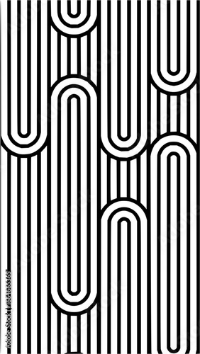 Abstract vertical striped pattern with rounded u shapes in black and white creating a modern design