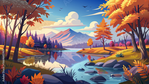 Serene lake vista framed by vibrant autumn leaves, calm waters reflecting radiant sky, silence resting gently, timeless harmony embraces horizon, beauty whispers softly, landscape glowing with peace i