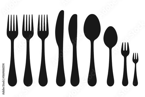 Cutlery silhouette icon set. Black utensil silhouettes for dining. Fork, knife, and spoon vector icons. Kitchenware and tableware collection for restaurant or home dining concept.