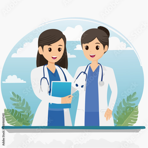 Two smiling female doctors in white coats and stethoscopes one holding a clipboard