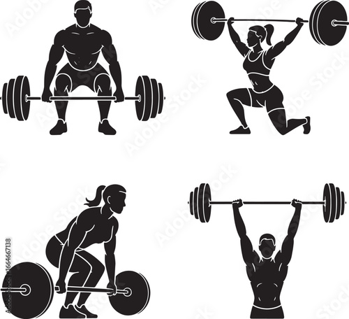 Four Silhouetted Figures Performing Weightlifting Exercises fitness strength
