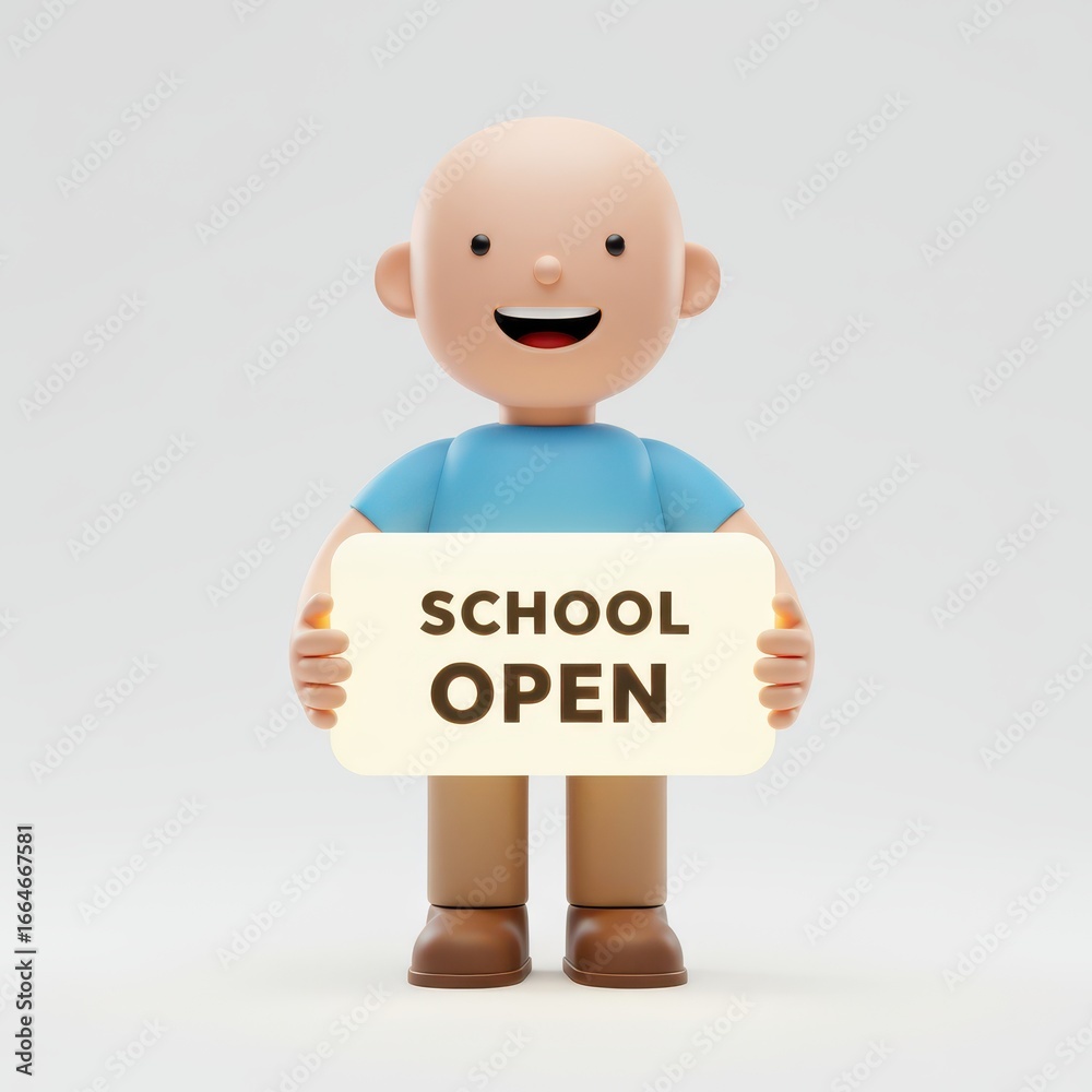Fototapeta premium 3D Icon Happy Character Holding School Open Sign