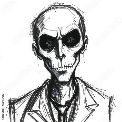 Generative AI Sinister Skeleton Man in Suit Sketch Drawing Black and white Creepy Spooky Halloween Portrait Illustration Pen and ink Dark Gothic Death Horror Fear Mortality - Download Now