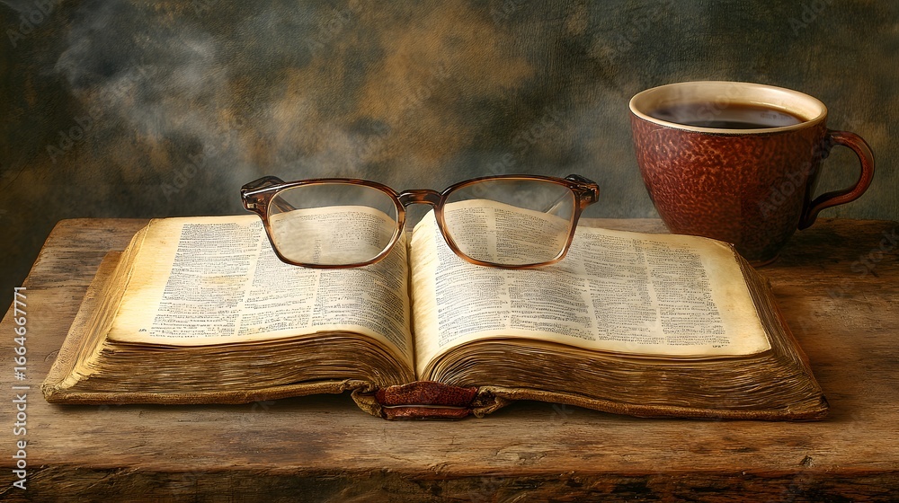 Naklejka premium Vintage Glasses on Open Book with Coffee Mug in Cozy Setting