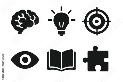 Mental focus and clarity icon set. Brainstorming, strategy, learning, and problem-solving concepts. Brain, lightbulb, target, eye, book, and puzzle vector illustration.