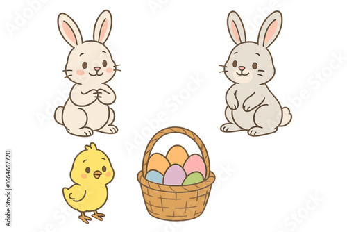 Cheerful spring holiday illustration with cute rabbits, a little chick, and a basket of painted Easter eggs. Isolated vector elements for seasonal greeting card design and decoration.