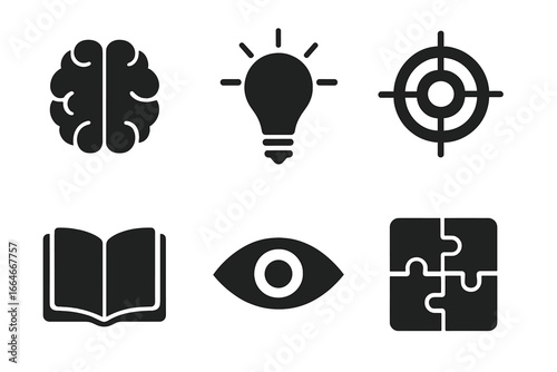 Mental focus and clarity icon set. Brain, lightbulb idea, target goal, book knowledge, eye vision, and puzzle solution icons. Business strategy and psychology concept.