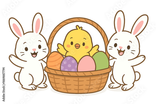 Cute Easter bunnies with a chick and colorful eggs in a basket. Happy spring holiday vector illustration. Adorable animal characters for seasonal celebration and decor design.