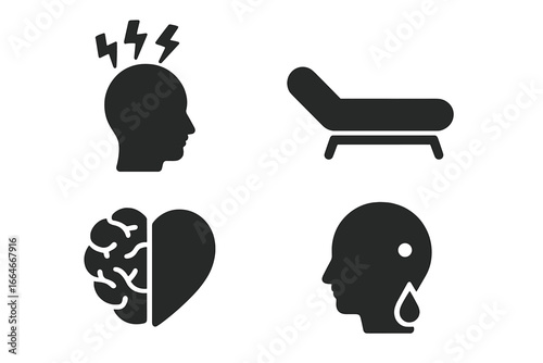 Mental health icon set. Solid glyphs for psychology, stress, depression, and therapy concepts. Includes icons for headache, therapist couch, brain-heart balance, and sadness.