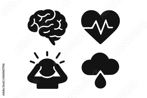 Mental health solid icons. Psychology, psychiatry concept. Brain pressure. Stress, anxiety, headache pictogram. Depression, sadness, mood disorder. Heartbeat, pulse. Cloud tear.