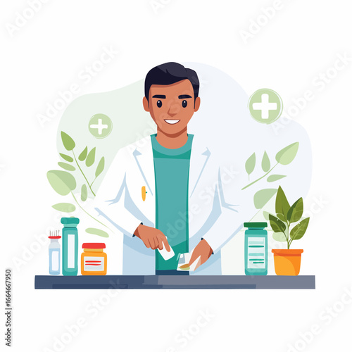 Smiling Pharmacist Preparing Medication with Plants and Bottles in a Pharmacy Setting