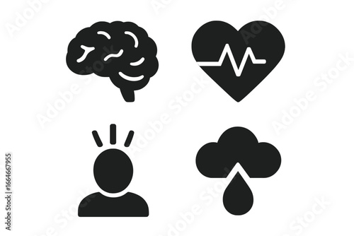 Mental health and psychology icon set. Vector glyphs for stress, anxiety, pressure, depression, and mood disorders. Brain, heart pulse, sad cloud, and head icons.
