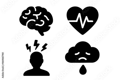 Mental health solid glyph icon set. Psychology, depression, stress, anxiety and pressure concepts. Brain, heart with pulse, headache, sad cloud and tear vector icons.