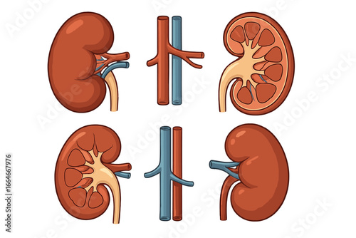 Human kidney anatomy set. Vector illustration of organ structure, cross-section view with renal artery, vein, and ureter. Medical, biology, urology, and nephrology concept.