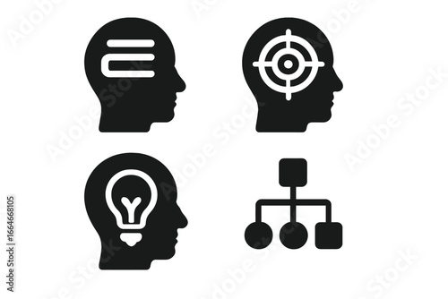 Mental process solid icon set. Head silhouette with memory, focus target, creative idea lightbulb, and decision tree diagram. Concepts for psychology, mind, thinking, and logic.