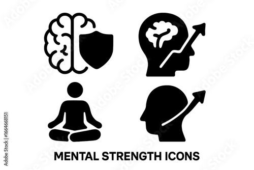Mental strength and wellbeing solid icon set. Psychology, resilience, and personal growth concepts. Brain shield for protection, rising arrow for progress, meditation for mindfulness. Vector glyphs.