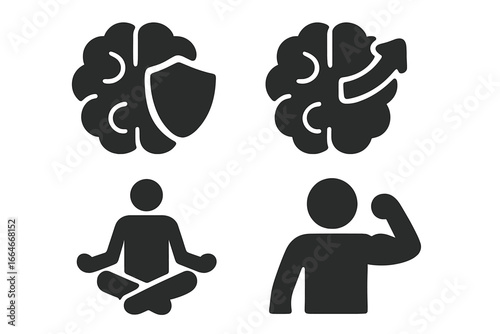 Mental strength solid icons. Resilience, mindfulness, and growth mindset vector icon set. Brain with shield, meditation pose, and strong man pictogram for psychology concepts.