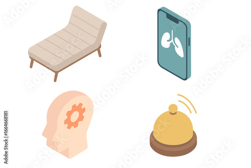 Mental wellness isometric icon set. Psychology and therapy concepts including therapy couch, breathing exercise app, mindfulness bell, and cognitive gear symbol. Vector graphic.