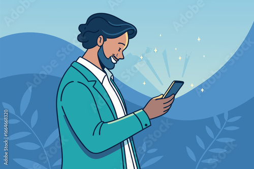 Cartoon vector illustration of a man holding a smartphone.