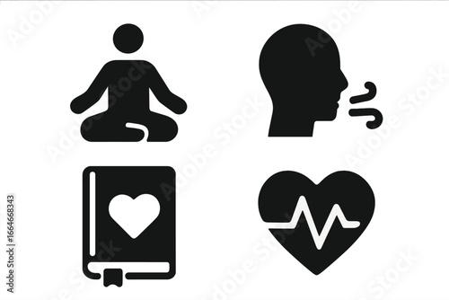 Mental wellness solid icon set. Vector symbols for self-care practices like meditation, deep breathing exercises, gratitude journaling, and heart rate monitoring for health.