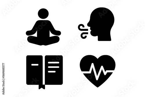 Mental wellness solid glyph icon set. Self-care practices vector collection. Meditation, breathing exercise, journaling, heart rate. Mindfulness, health, psychology concept.