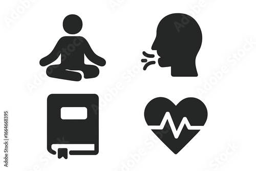 Mental wellness and self-care practices solid glyph icon set. Vector symbols for meditation, yoga, deep breathing exercise, journaling, and heart rate monitoring for health.