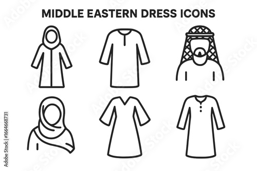 Middle Eastern traditional dress icon set. Arabic and Islamic clothing symbols. Vector line art of abaya, thawb, keffiyeh, hijab, kaftan, jalabiya. Muslim culture fashion.