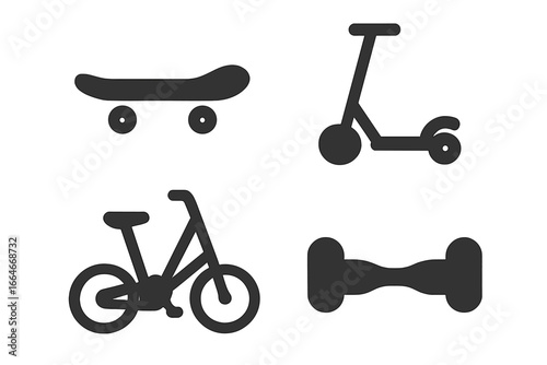 Micromobility solid icon set. Urban personal electric transport concept. Skateboard, kick scooter, folding bike, and hoverboard vehicle silhouettes. City transportation vector.