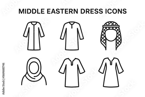 Middle Eastern traditional dress icon set. Arabic and Islamic clothing symbols. Vector line art collection of abaya, thawb, keffiyeh, hijab, kaftan, and jalabiya. Muslim fashion.