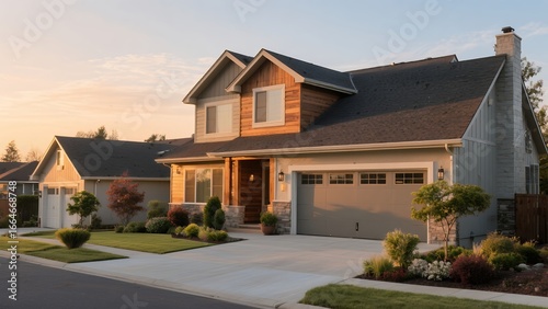 Modern Two Story House with Stone and Wood Exterior in Suburban Neighborhood at Sunset