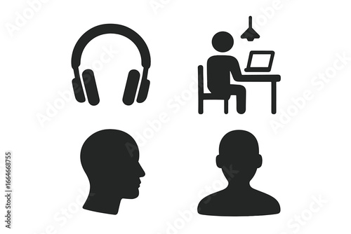 Modern loneliness solid icon set. Glyph vectors illustrating social isolation, remote work from home, digital solitude. Man at desk with laptop, headphones, head profile.