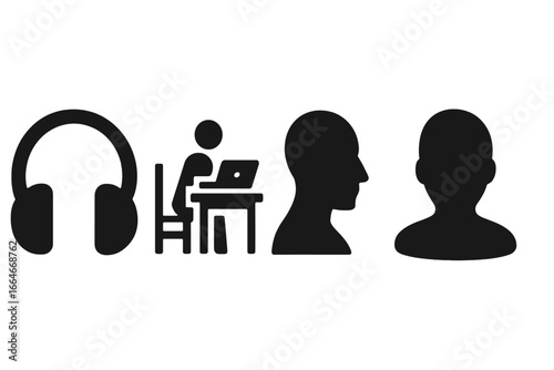 Icons of modern loneliness and social isolation. Solid glyphs for remote work, depression, solitude. Person at computer desk, headphones, anonymous head profile silhouette.