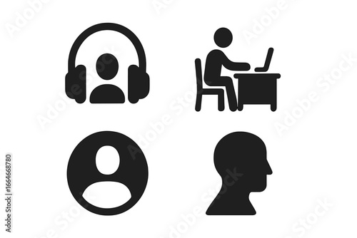Modern life solid glyph icon set. Remote work from home, user profile avatar, headphone listener, mental health silhouette. Concept of digital loneliness and social isolation.