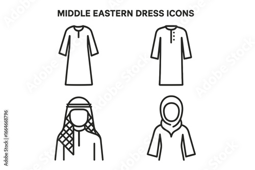 Middle Eastern dress icons. Outline icon set of traditional Arab and Islamic clothing. Vector illustration of thawb, keffiyeh, hijab, abaya, kaftan, and jalabiya fashion.