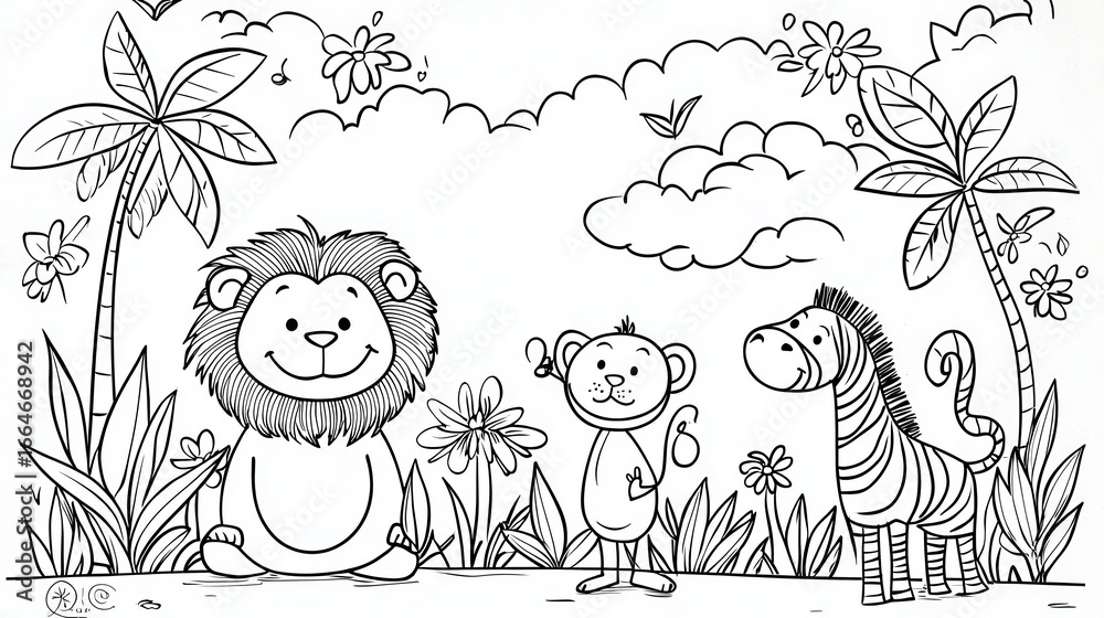 Fototapeta premium Cute jungle animals coloring book page, featuring a smiling lion, a playful monkey, a baby elephant, and a curious zebra, surrounded by tropical trees and flowers, bold outlines, 