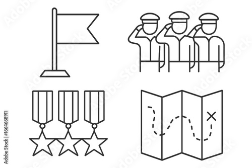 Military linear icons set. Army vector symbols of unit flag, soldiers saluting, troop formation, honor medals for bravery, award, and strategic mission map for planning.