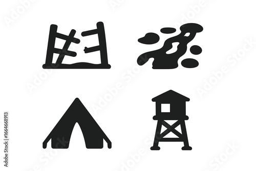 Military landscape vector icon set. Solid glyphs of war and conflict symbols. Includes a broken fence, muddy trail or camo pattern, army tent, and a lookout watchtower.