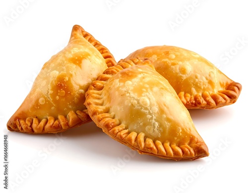 Three golden empanadas on white background, close-up view.