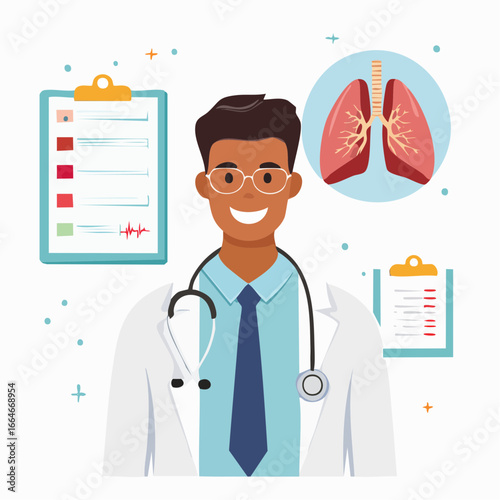 Smiling Male Doctor with Stethoscope and Lung Illustration
