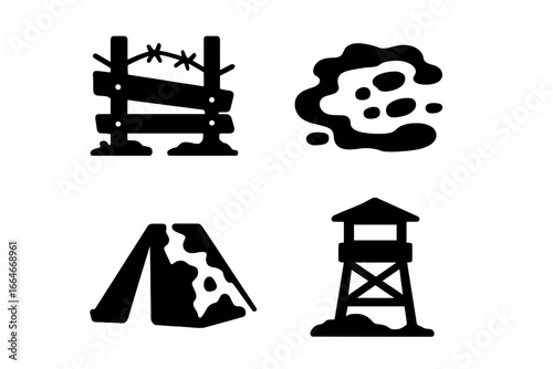 Military landscape solid icon set. Army base elements with broken fence, muddy trail with footprints, camouflage tent, and lookout tower. War zone, tactical, and survival vector.