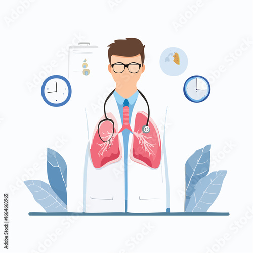 Doctor with Visible Lungs Stethoscope and Time Clocks