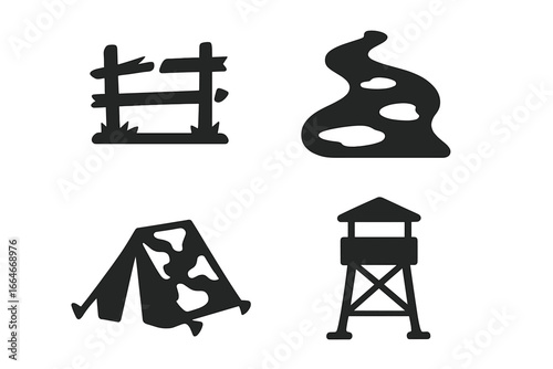 Military landscape icons collection. Solid glyph set for army or war scenarios. Vector elements of a broken fence, muddy trail, camouflage tent, and a guard watchtower.