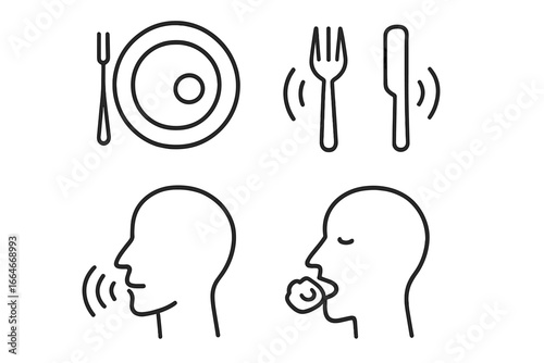 Mindful eating outline icon set. Slow eating, small portions, chewing food and putting utensils down. Healthy diet practice for wellness and body awareness vector symbols.