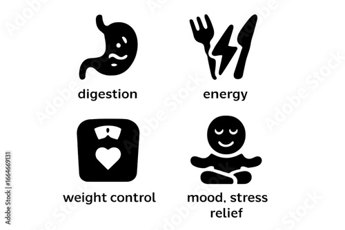 Mindful eating benefits solid icon set. Vector glyphs for digestion, energy boost, weight control, and stress relief. Health concept with stomach, scale, and meditation.