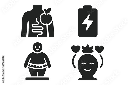 Mindful eating benefits solid icon set. Vector pictograms for wellness concepts like improved digestion, energy boost, weight control, better mood, and stress relief.
