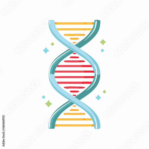 Stylized DNA strand with red and yellow segments surrounded by sparkling elements