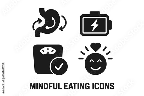 Mindful eating solid glyph icon set. Vector pictograms illustrating the benefits of healthy nutrition: improved digestion, energy boost, weight control, and better mood.